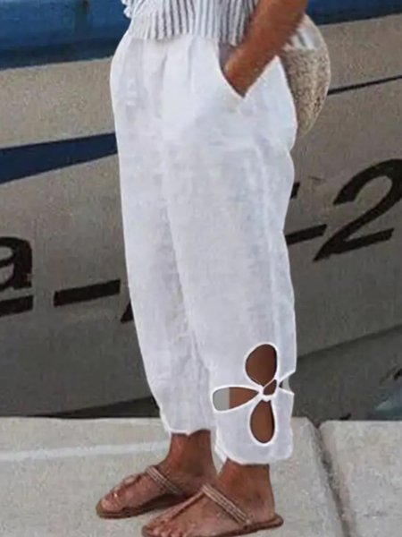 

Plus Size Vacation Plain Loose Pants, White, Pants
