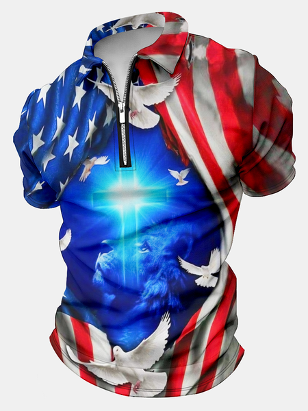 

Men’s Cross Lion Pattern Casual Regular Fit America Flag Polo Shirt, As picture, T-shirts