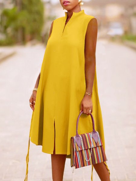 

Daily Stand Collar Elegant Plain Regular Fit Dress, Yellow, Mini Dresses