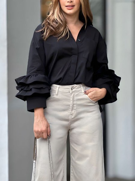 

Urban Shirt Collar Loose Plain Blouse, Black, Blouses and Shirts