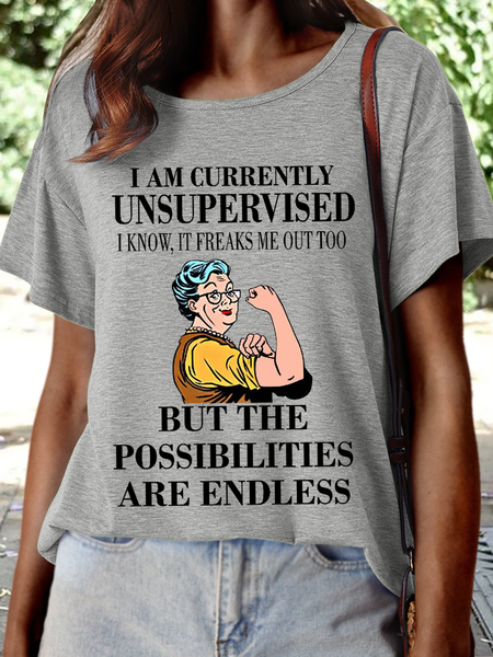 

Women‘s Funny I Am Currently Unsupervised I Know It Freaks Me Out Too But The Possibilities Are Endless Strong Grandma Text Letters Casual T-Shirt, Gray, T-shirts