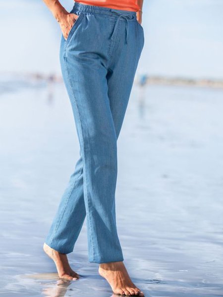 

Plain Drawstring Casual Pants, Blue, Pants