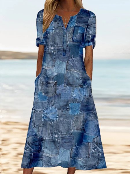 

Casual Loose Abstract V Neck Dress, Blue, Dresses