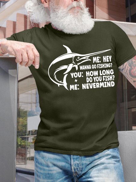 

Men’s Wanna Go Fishing How Long Do You Fish Nevermind Casual Text Letters Cotton Regular Fit T-Shirt, Army green, T-shirts