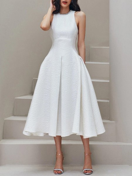 

Plain Crew Neck Regular Fit Elegant Dress, White, Midi Dresses
