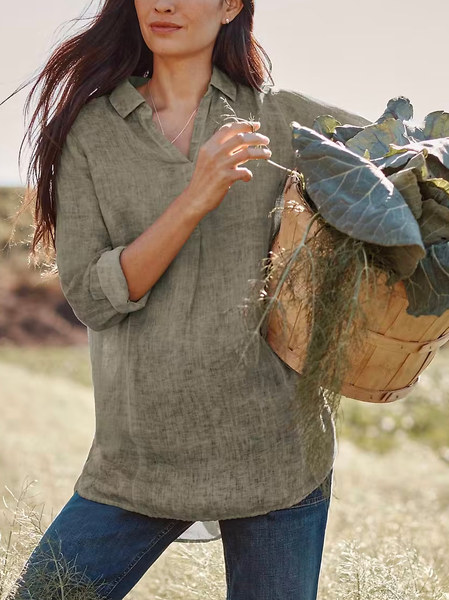 Loose Cotton Casual Linen Garment-Dyed Tunic Shirt, Green, Tunics