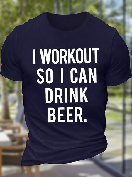 

Men's I Workout So I Can Drink Beer Funny Graphic Printing Crew Neck Cotton Casual Text Letters T-Shirt, Purplish blue, T-shirts