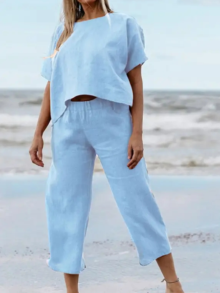 

Casual Loose Linen Two-Piece Set, Blue, Tops