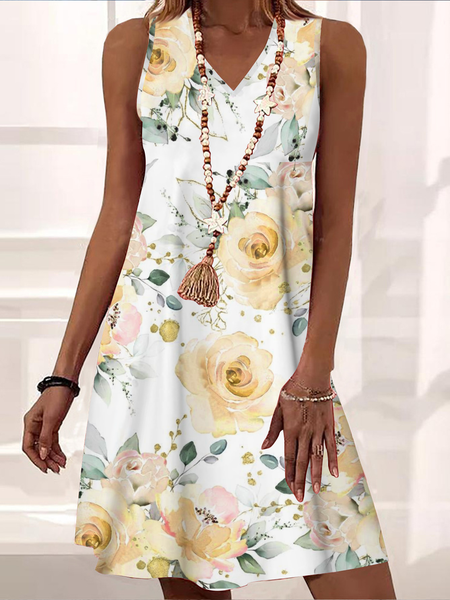 

Vacation Floral V Neck Knitted Dress, Yellow, Dresses