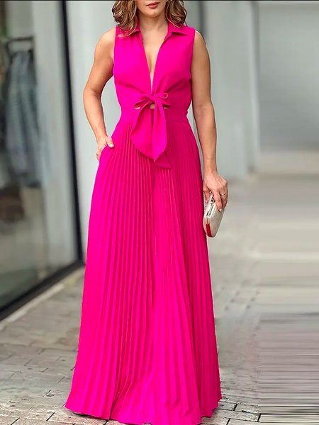 

Shirt Collar Regular Fit Plain Elegant Dress, Rose red, Maxi Dresses