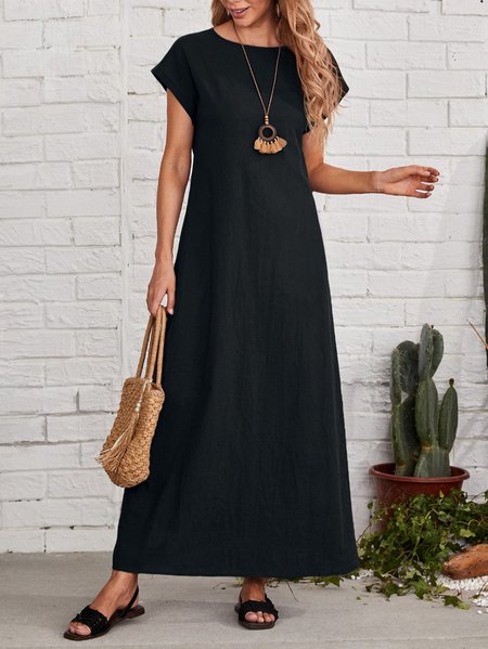

Plain Loose Crew Neck Casual Dress, Black, Maxi Dresses