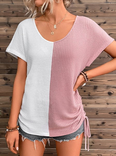 

Crew Neck Multicolor Block Loose Casual T-Shirt, Pink, T-Shirts