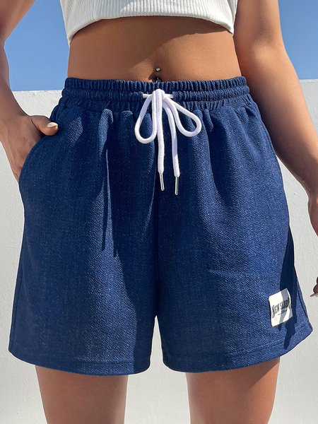 

Plain Drawstring Cotton Casual Shorts, Deep blue, Shorts