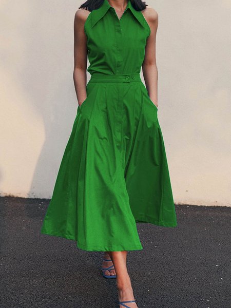 

Elegant Plain Shirt Collar Sleeveless Pockets Dress, Green, Midi Dresses