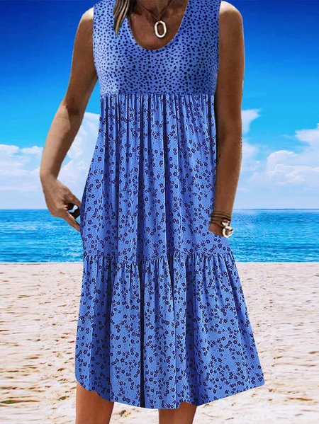 

Ditsy Floral V Neck Casual Sleeveless Summer Beach Vacation Smock Dress, Blue, Dresses