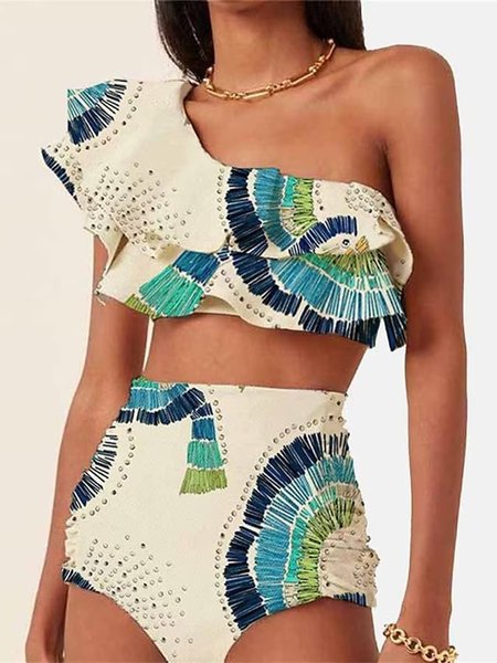 

One Shoulder Abstract Printing Casual Bikini, White, Bikini Sets