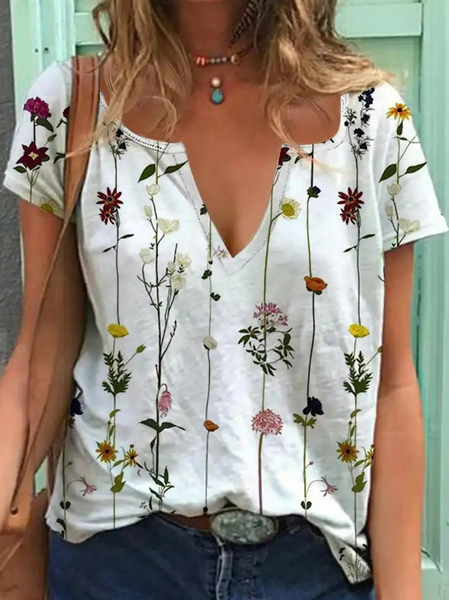 

V Neck Casual Loose Floral Shirt, White, Shirts & Blouses