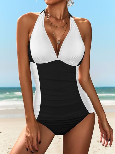 

Color Block Casual V Neck One-Piece, Black-white, swimwear>>One-Pieces