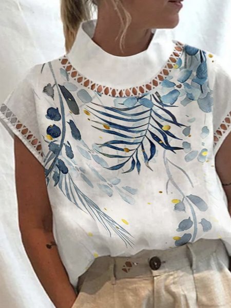 

Lace Linen Loose Vacation Shirt, Blue, Shirts & Blouses