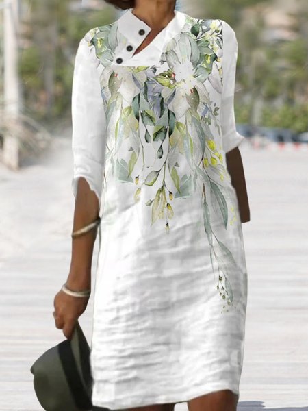 

Loose Vacation Linen Floral Dress, Green, Mini Dresses
