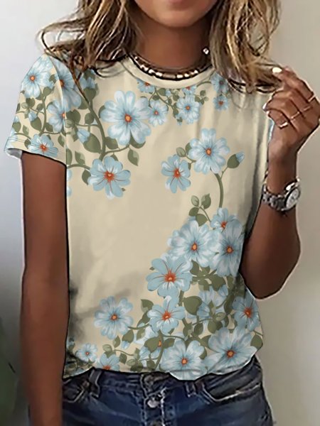 

Women's Floral Crew Neck Casual T-Shirt, As picture, T-shirts