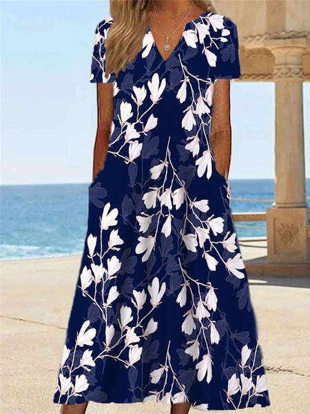 

Floral Notched Elegant Loose Dress, Dark blue, Dresses