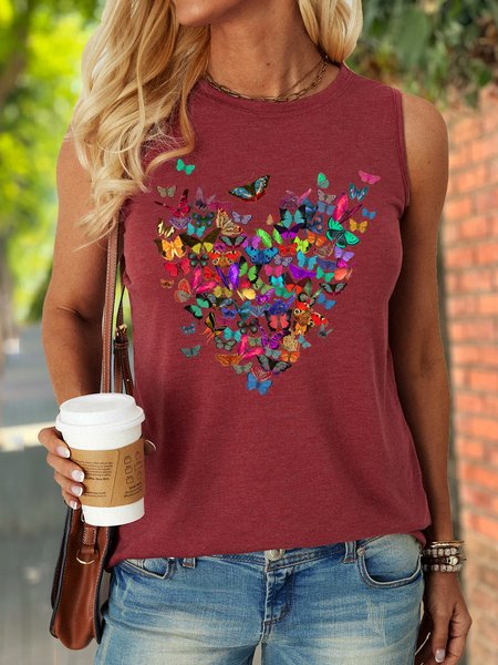 

Women's Heart Butterfly Print Letters Crew Neck Casual Tank Top, Wine red, Tank Tops