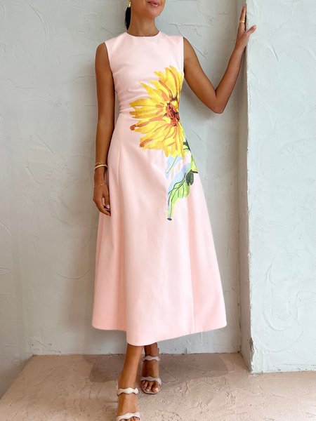 

Regular Fit Elegant Floral Crew Neck Sleeveless Dress, Pink, Maxi Dresses