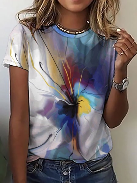 

Women's Floral Random print Ombre Crew Neck Loose Casual T-Shirt, As picture, T-shirts