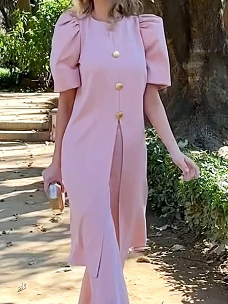 

Crew Neck Short sleeve Plain Elegant Loose Mid-long Shirt, Pink, Blouses and Shirts