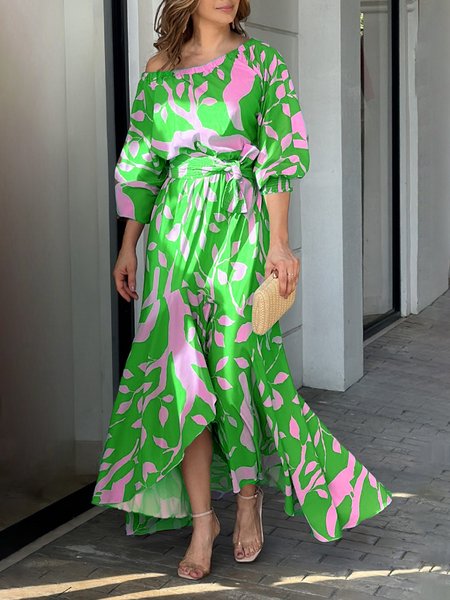 

Regular Fit Vacation Cold Shoulder Leaf Dress, Green, Maxi Dresses