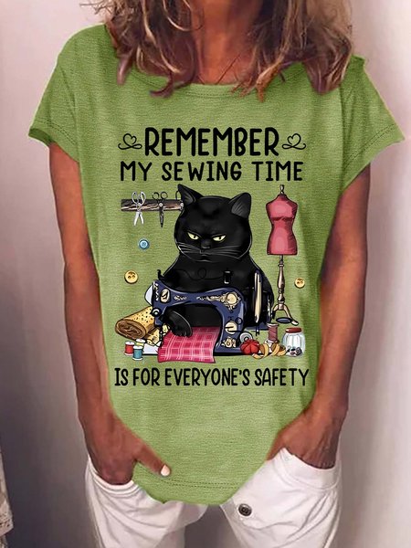 

Women's Remember My Sewing Time Is For Everyone'S Safety Funny Cat Graphic Printing Loose Casual Text Letters Crew Neck T-Shirt, Green, T-shirts