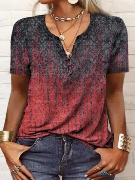 

Plus Size Ethnic Knitted Notched Regular Fit T-Shirt, Red, T-Shirts