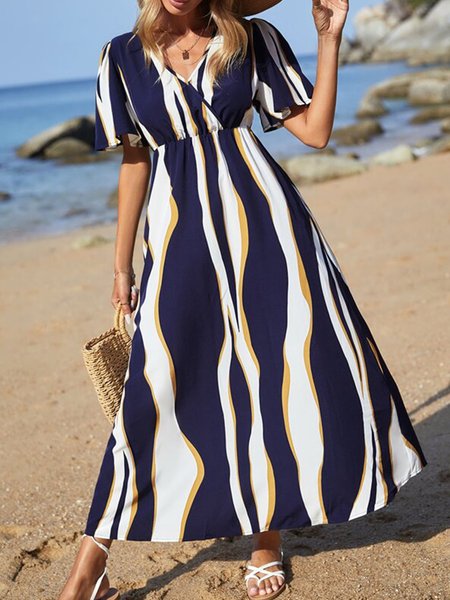 

Women's summer short-sleeved striped dress with contrasting colors, Purplish blue, Dresses