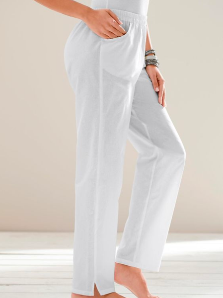 

Plain Loose Casual Cotton Pants, White, Pants