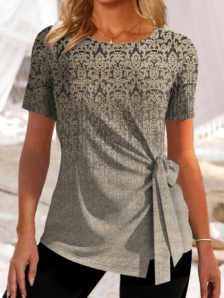 

Ethnic Crew Neck Knot Front Shirt, Khaki, Shirts & Blouses
