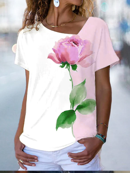 

Loose Floral Knitted Casual T-Shirt, Pink, T-Shirts