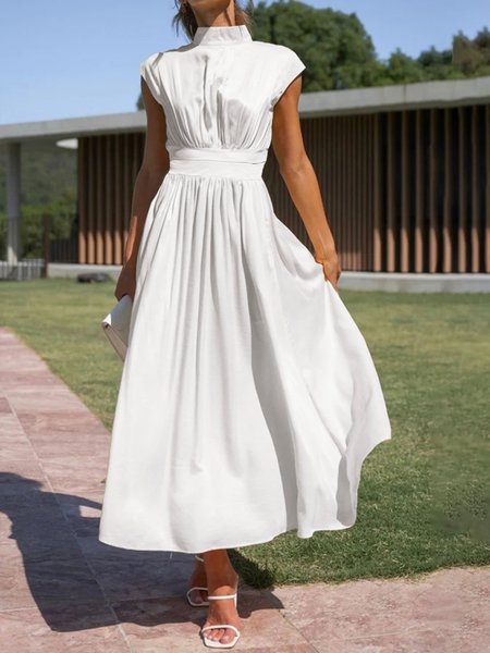 

Long Plain Elegant Stand Collar Daily Dress, White, Maxi Dresses