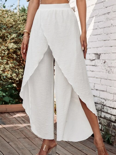 

Women Solid Basic Casual Daily Yoga Ruffle Layered Culottes Wide Leg Pants Trousers, White, Pants