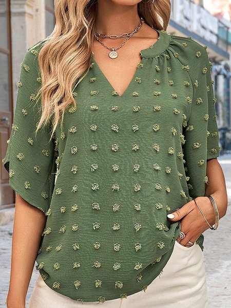 

Swiss dot Loose V Neck Plain Top, Green, Tops