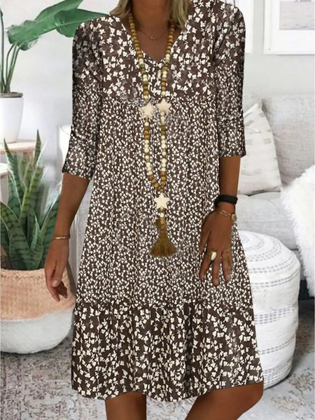 

Brown Three Quarter V Neck Floral Shining Midi Smock Dress, Dresses