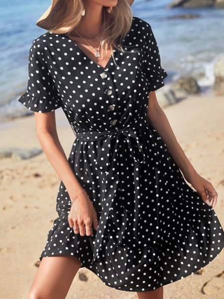 

Women's summer short-sleeved polka-dot dress, Black, Dresses