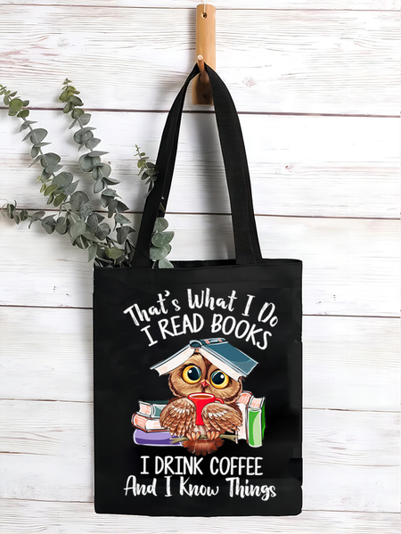 Women's Owl Coffe Book Funny Shopping Tote, Black, Bags