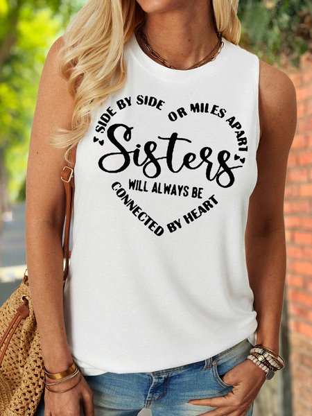 

Women's Sister Crew Neck Letters Casual Tank Top, White, Tank Tops
