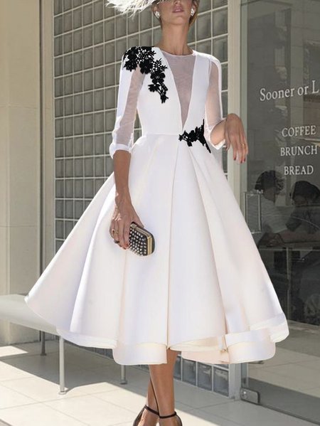 

Elegant Color Block White Wedding Party Dress, Midi Dresses
