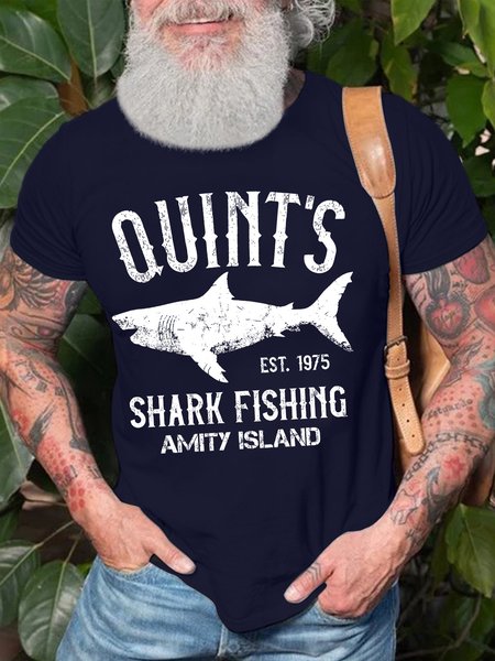 

Men’s Quint’s Shark Fishing Amity Island Regular Fit Casual T-Shirt, Deep blue, T-shirts