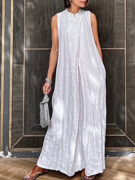

Linen Plain Stand Collar Loose Dress, White, Maxi Dresses