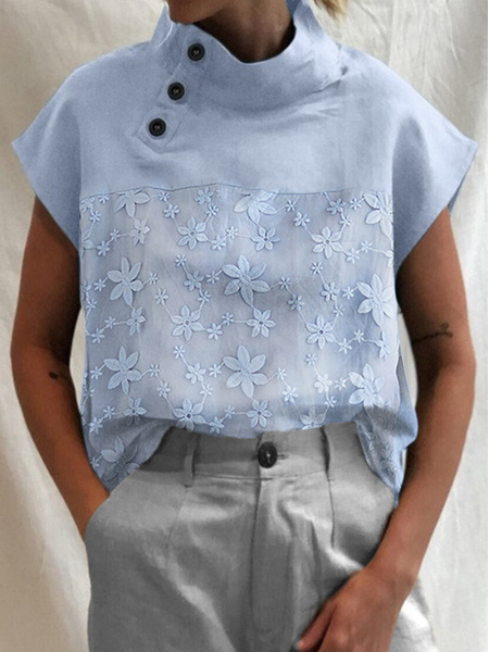 

Loose Casual Crew Neck Lace Plain Shirt, Light blue, Tees & T-shirts