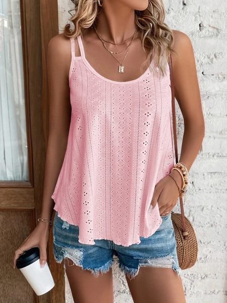 

Plain Solid Eyelet Embroidery Cami Casual Cami, Pink, Tanks & Camis