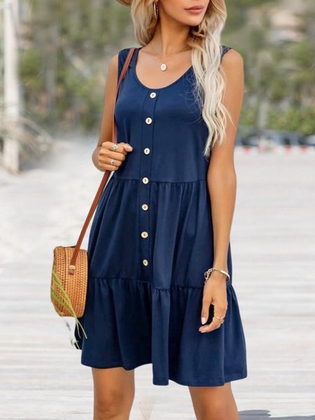 

Loose Casual Crew Neck Solid Button Smock Dress, Blue, Dresses